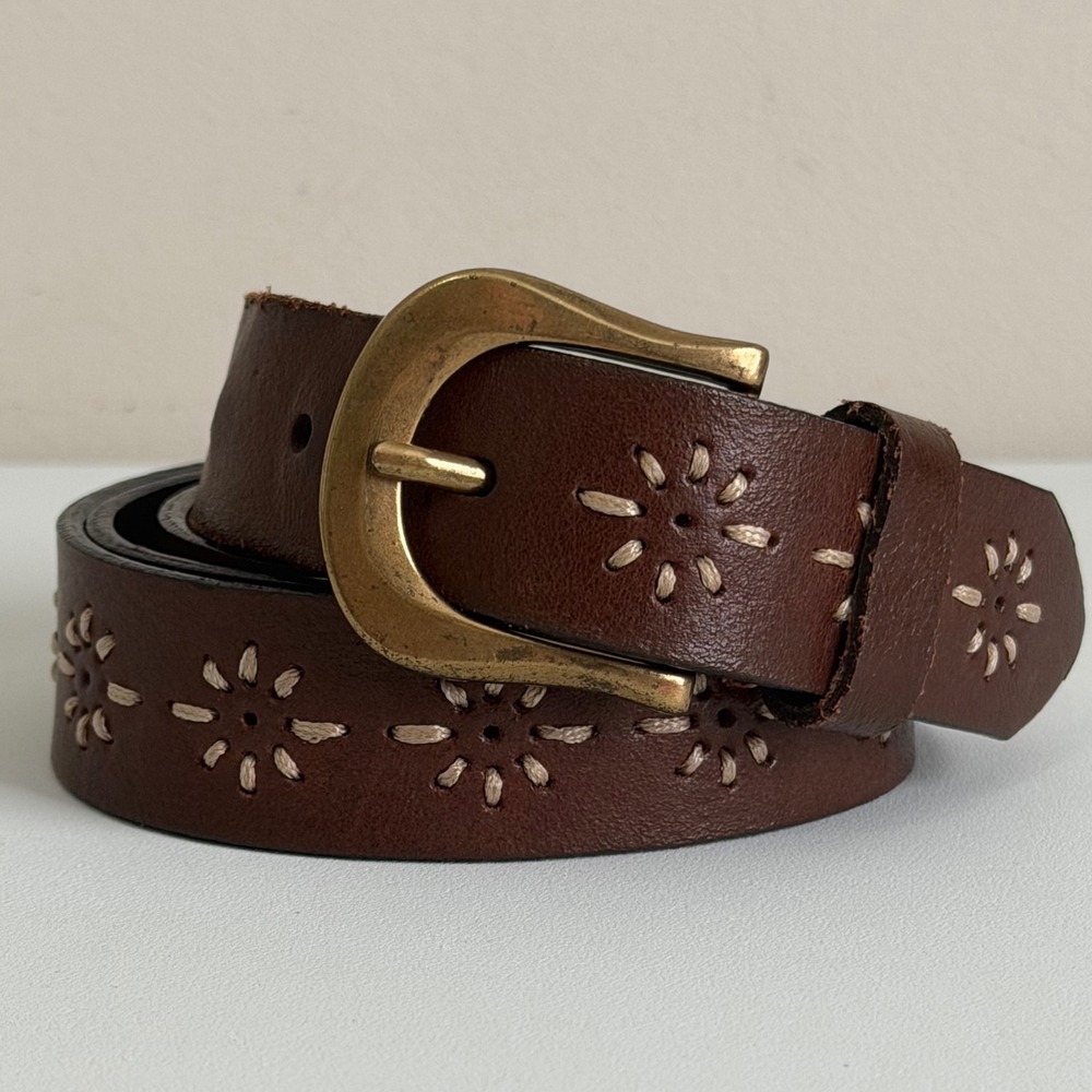Brown Leather Floral Whipstitch Embroidered Western Belt Brass Buckle 2XL